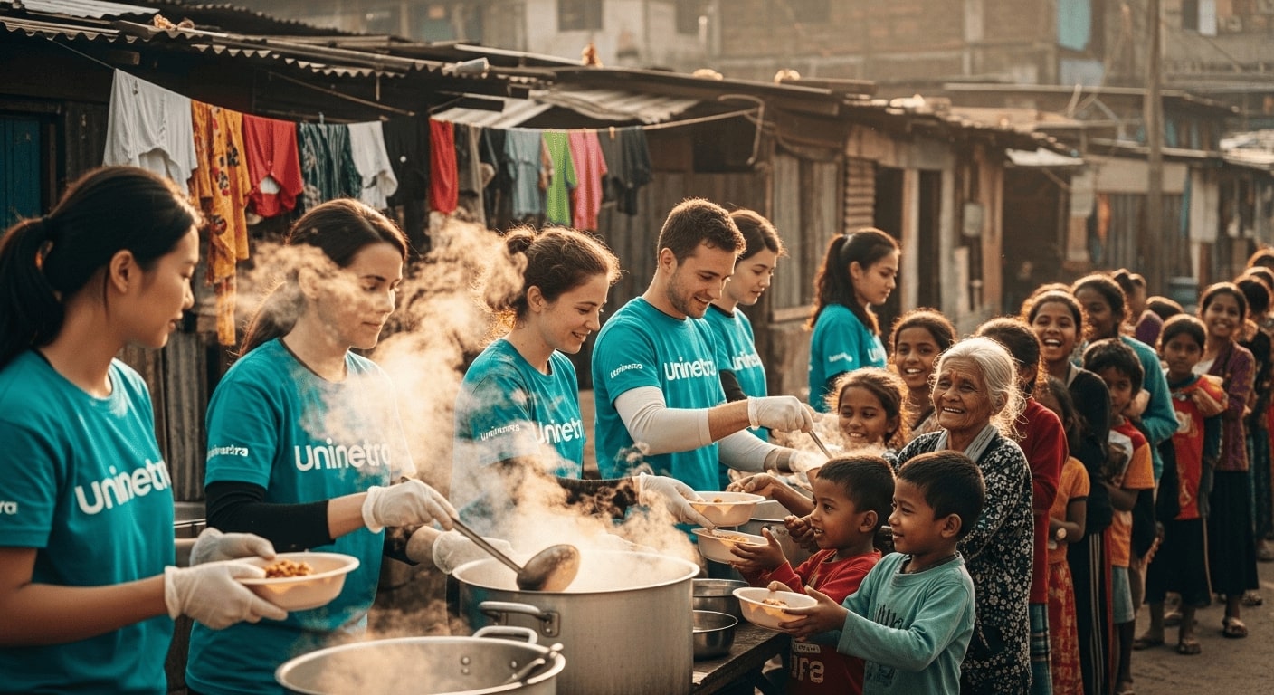 uninetra Volunteers serving hot meals to poor children and elderly in a village or urban slum